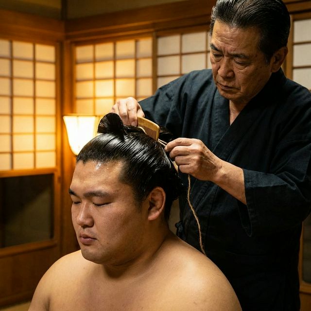 Sumo attendant assisting with ceremonial preparations