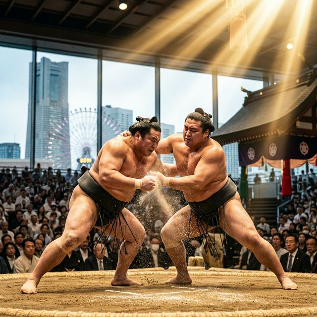 Sumo wrestlers in an intense bout during an exhibition match