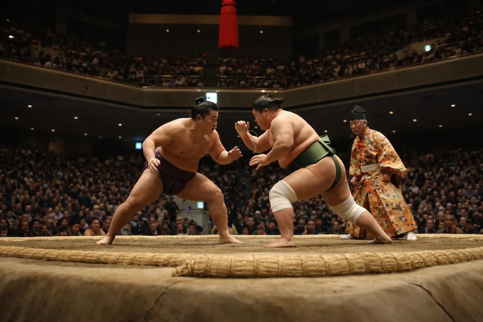 Sumo wrestlers performing cultural demonstrations during Jungyo
